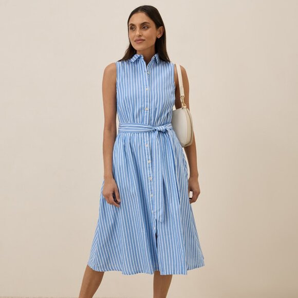 Pact NWOT Blue Bondi Stripe Sunset Lightweight Cotton Sleeveless Shirtdress XS - Picture 1 of 1